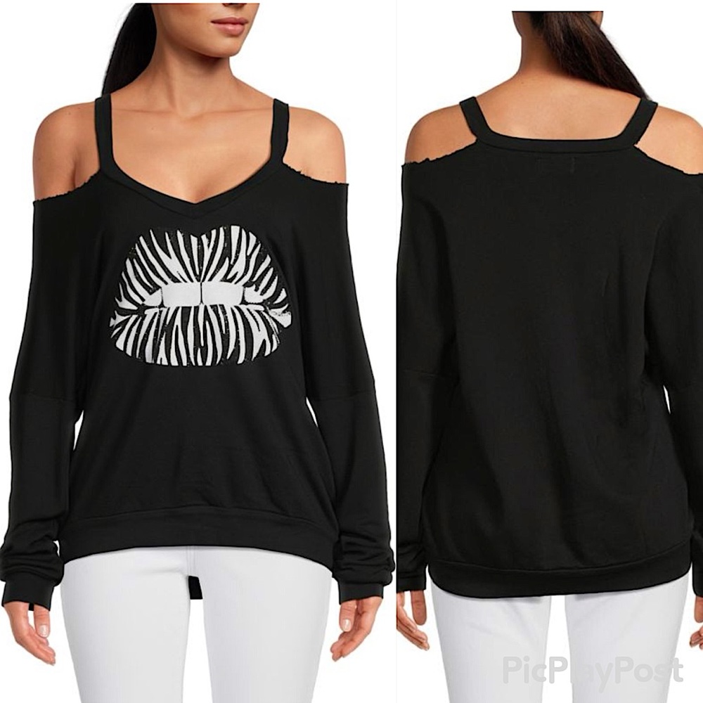 LAUREN MOSHI Black White Zebra Tiger Beaded Lips Cold Shoulder RELAXED Top NWT